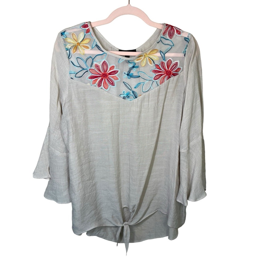 AGB Womens XL Oatmeal Beige Floral Embroidered Mesh Tie Front Bell Sleeve Top
